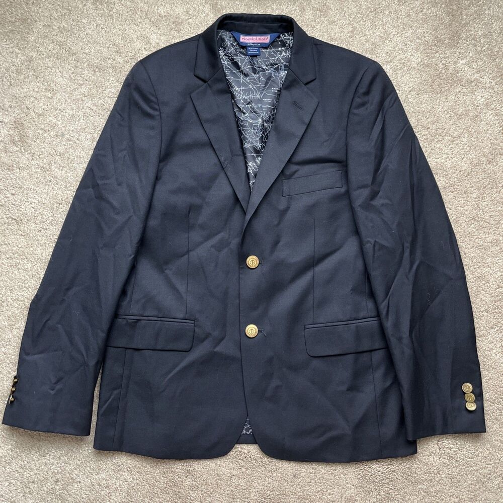 Vineyard Vines Blazer Boys 14 Navy Blue Wool Blend Gold Crest Buttons Nautical